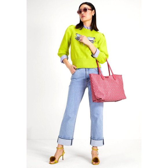 New Kate Spade Flower Monogram Coated Canvas Tote Raspberry Multi with Pouch - Picture 2 of 4